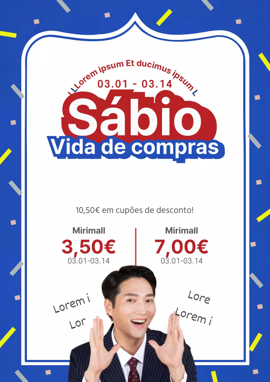 Folheto promocional de um evento de saldos em azul e branco