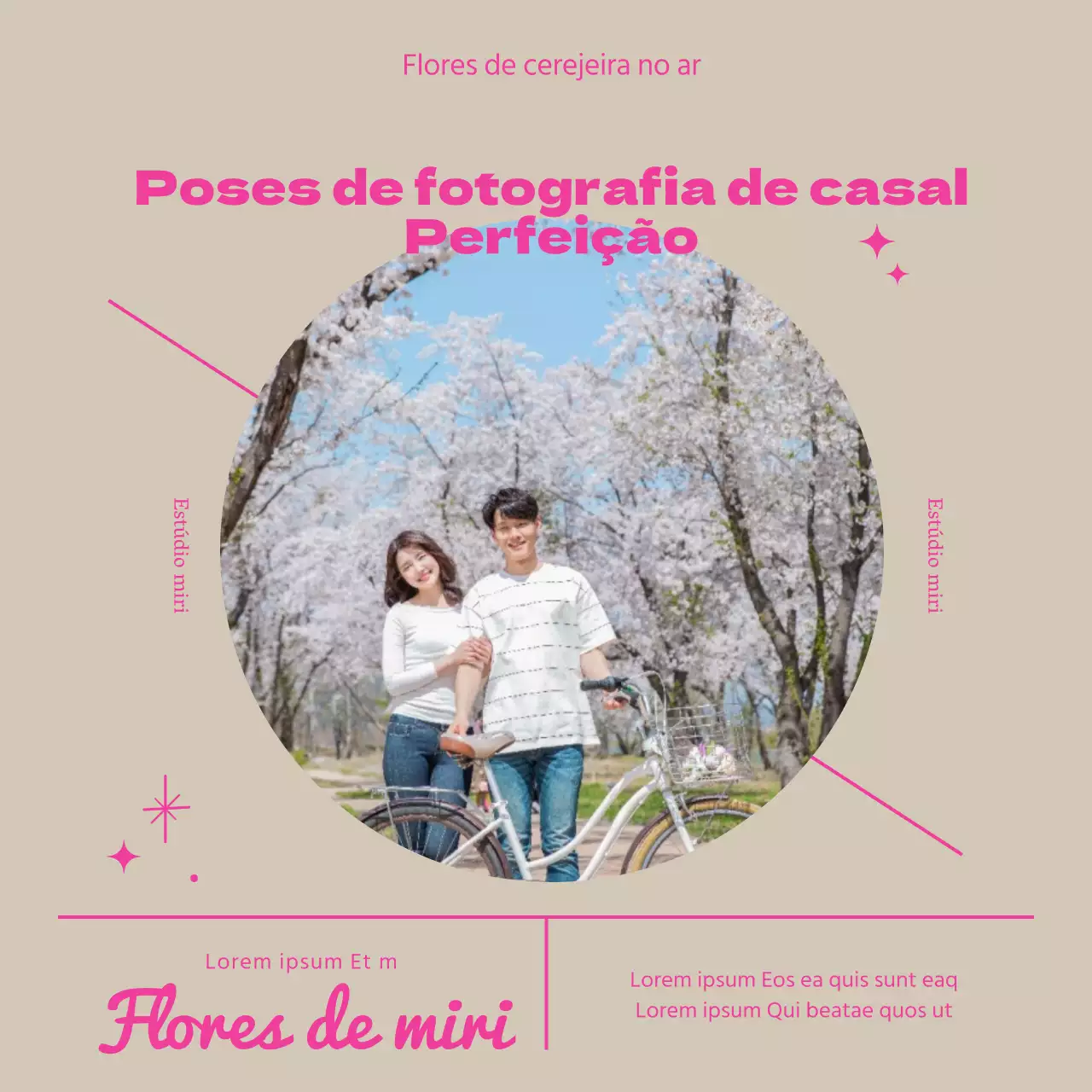 Como posar para um alegre casal em flor de cerejeira com letras cor-de-rosa