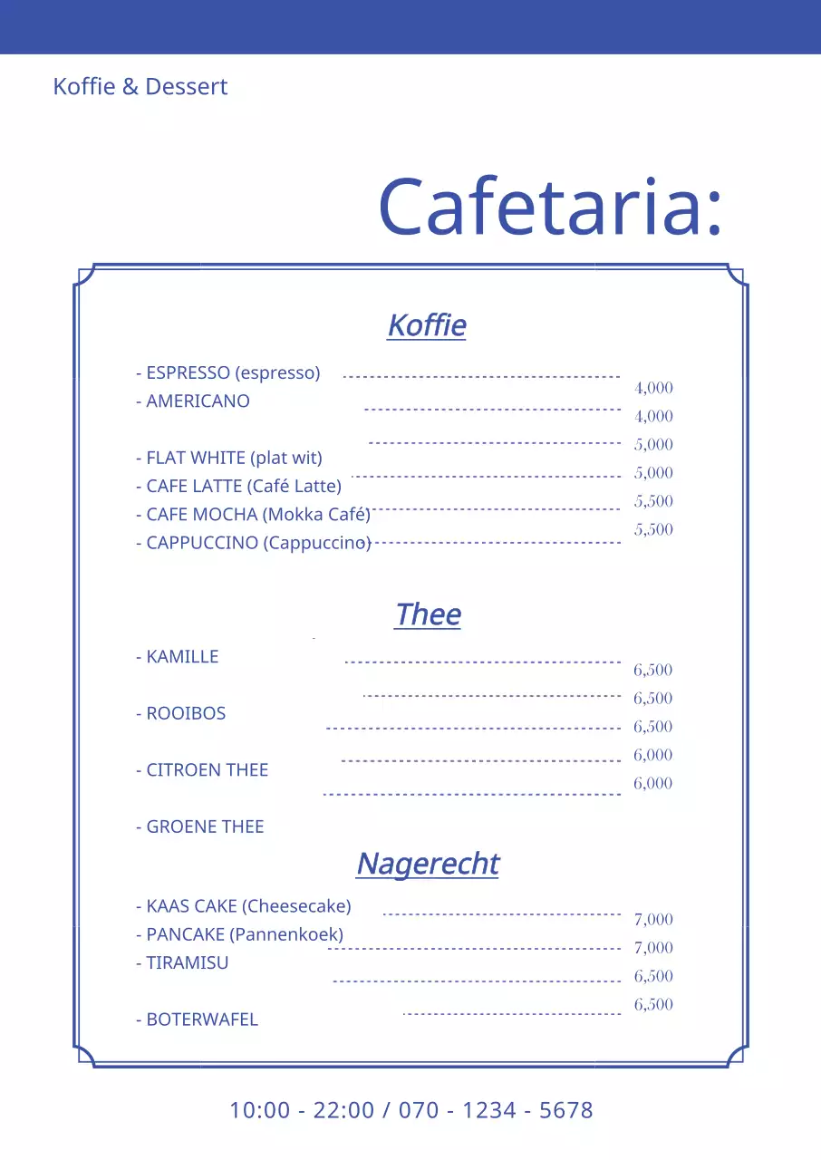Verticaal café menubord in blauw met een strak, monotoon concept