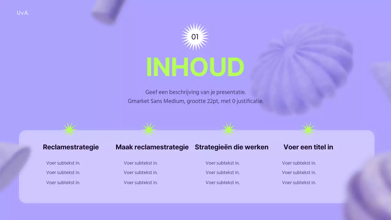 Gebruik 3D-elementen op een mauve achtergrond om een gevoel van ruimte te creëren om de reclamestrategie te informeren