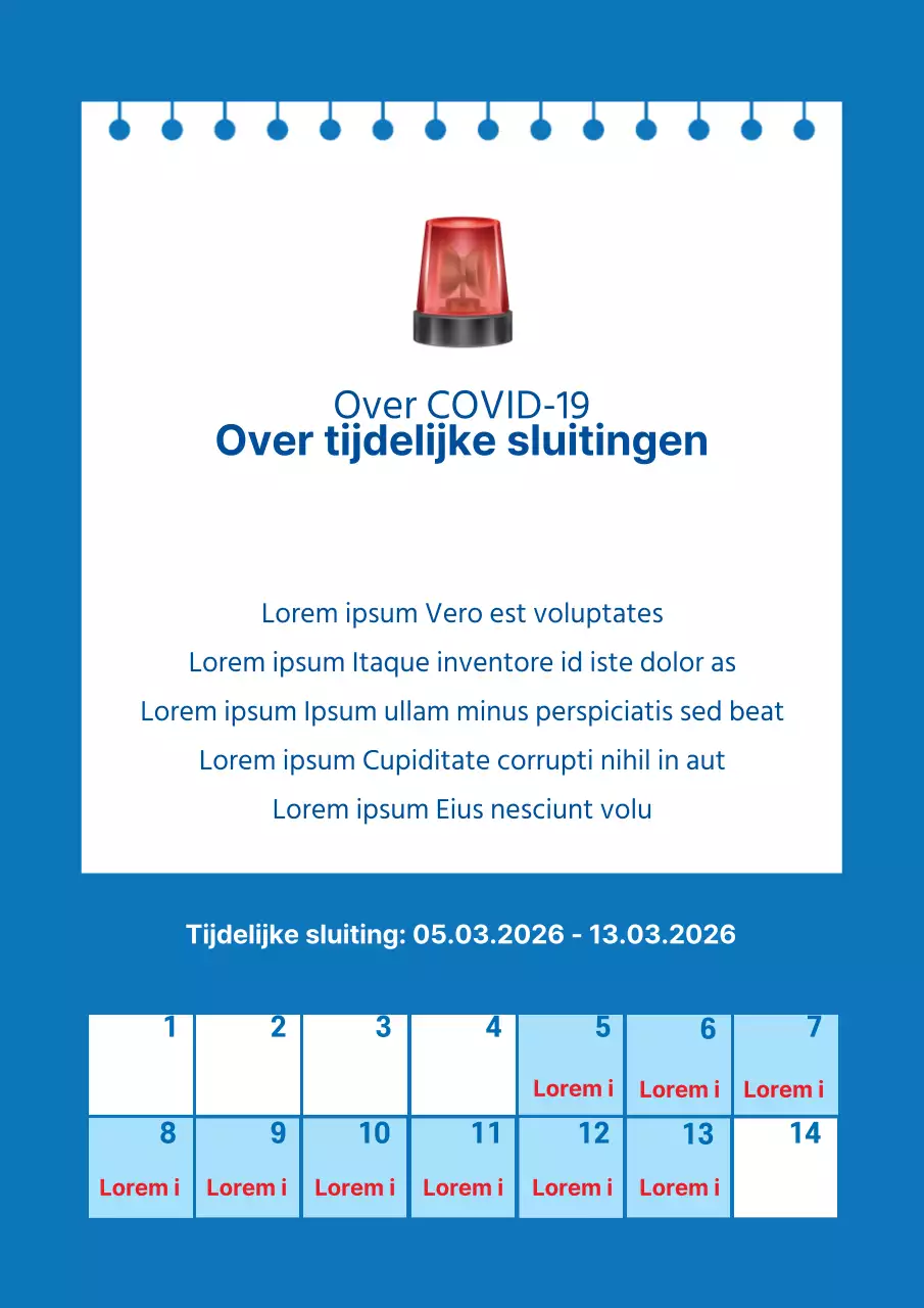 Tijdelijke sluitingsaankondigingen met blauwe kalender en sirene-illustraties