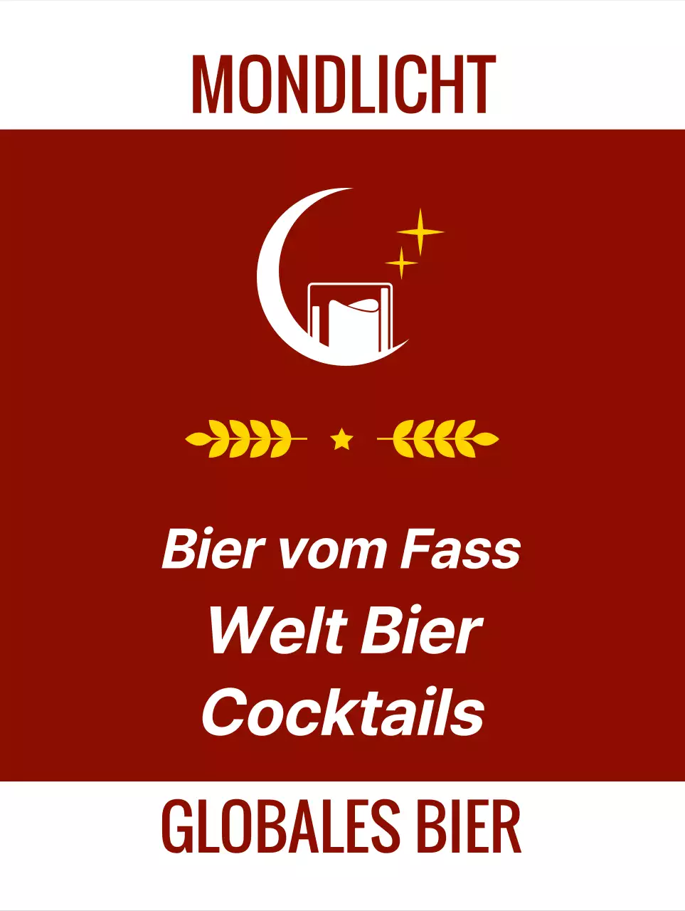 Emotionale Kneipe mit Fotos von Wein und Weißbier und Logo