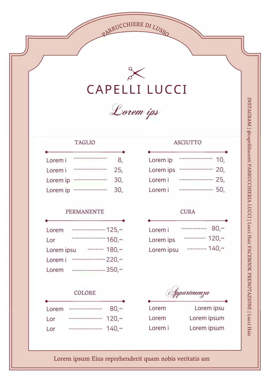 Menu del salone di parrucchieri in cornice rosa vintage