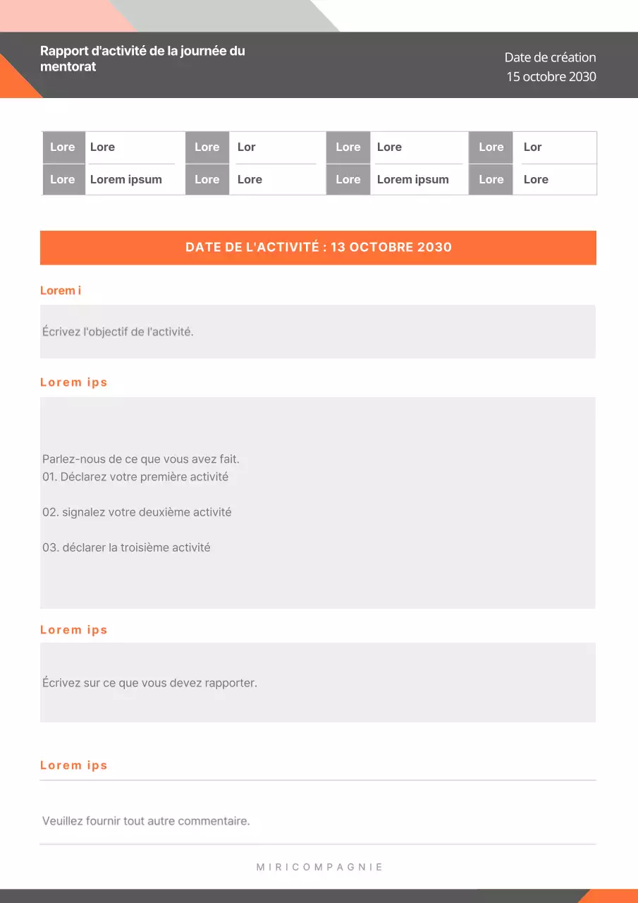 Rapport d'activité de mentorat soigné en gris et orange