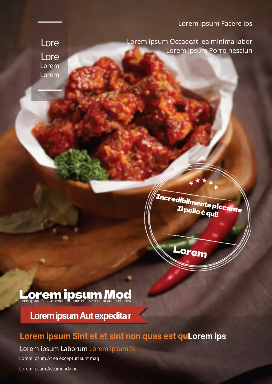 Volantino promozionale per un ristorante di pollo con un design semplice e incentrato sulla fotografia