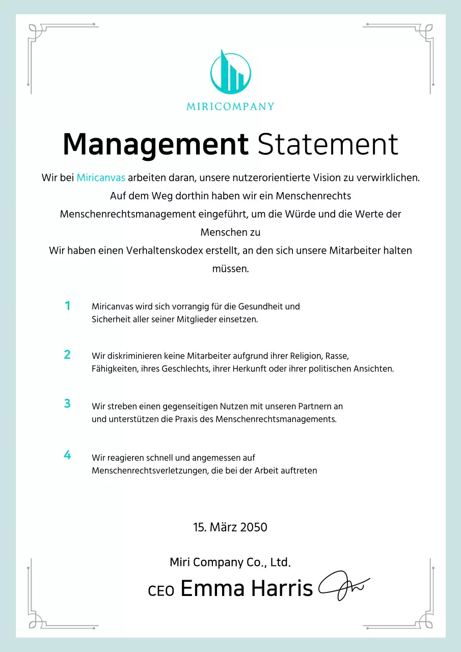 Ein sauberes Geschäftsmanifest in Schwarz und Minze