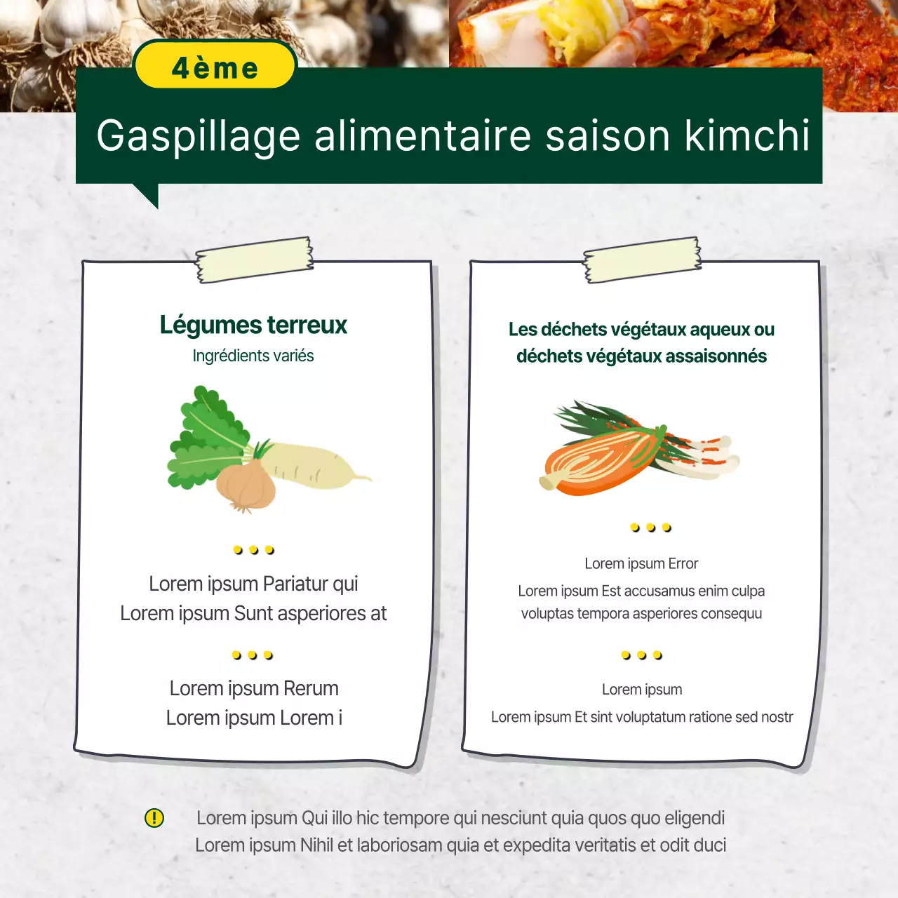 Conseils illustrés jaunes et verts sur les déchets alimentaires