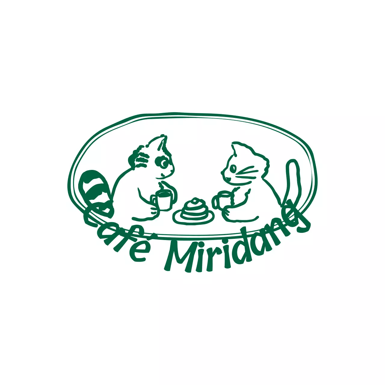 Logo illustrant l'heure du goûter d'un raton laveur et d'un chat en vert