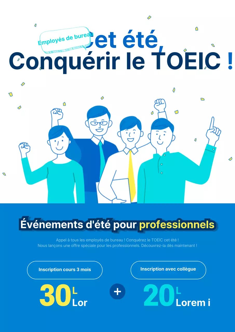 Un joli flyer bleu et blanc promouvant un événement social d'étude de l'anglais