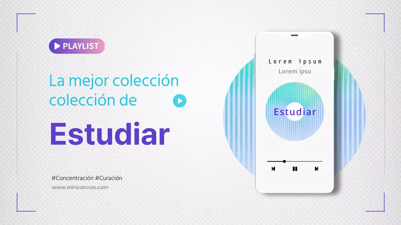 Lista de reproducción de música con un tema en blanco morado y azul claro