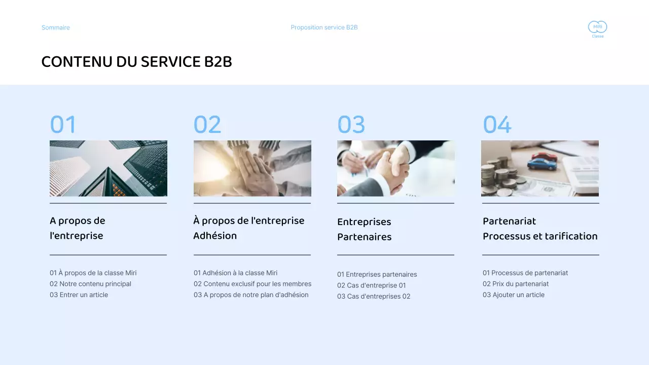 Présentation d'une proposition de services commerciaux avec une palette de couleurs bleu clair