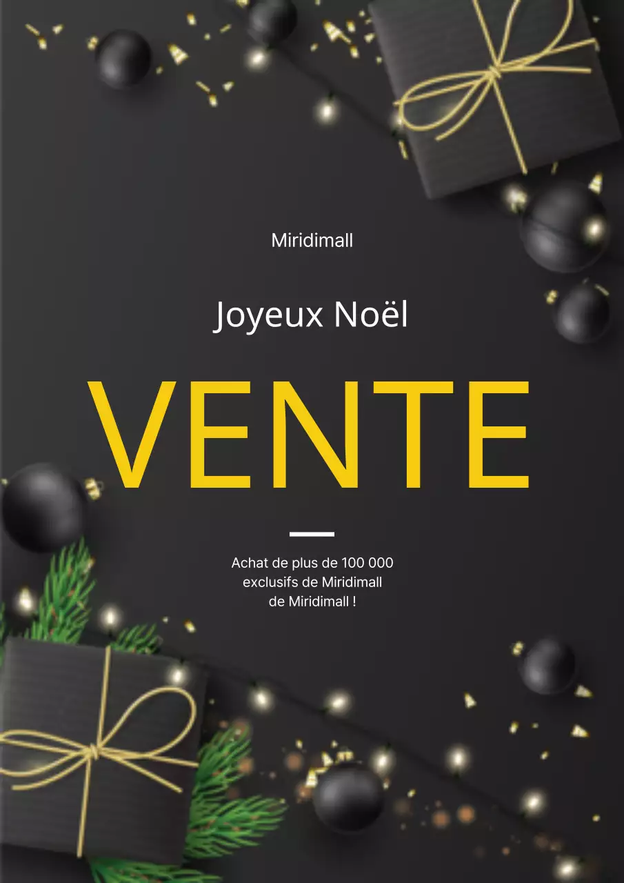 Affiche promotionnelle des ventes de Noël d'un centre commercial en noir et or