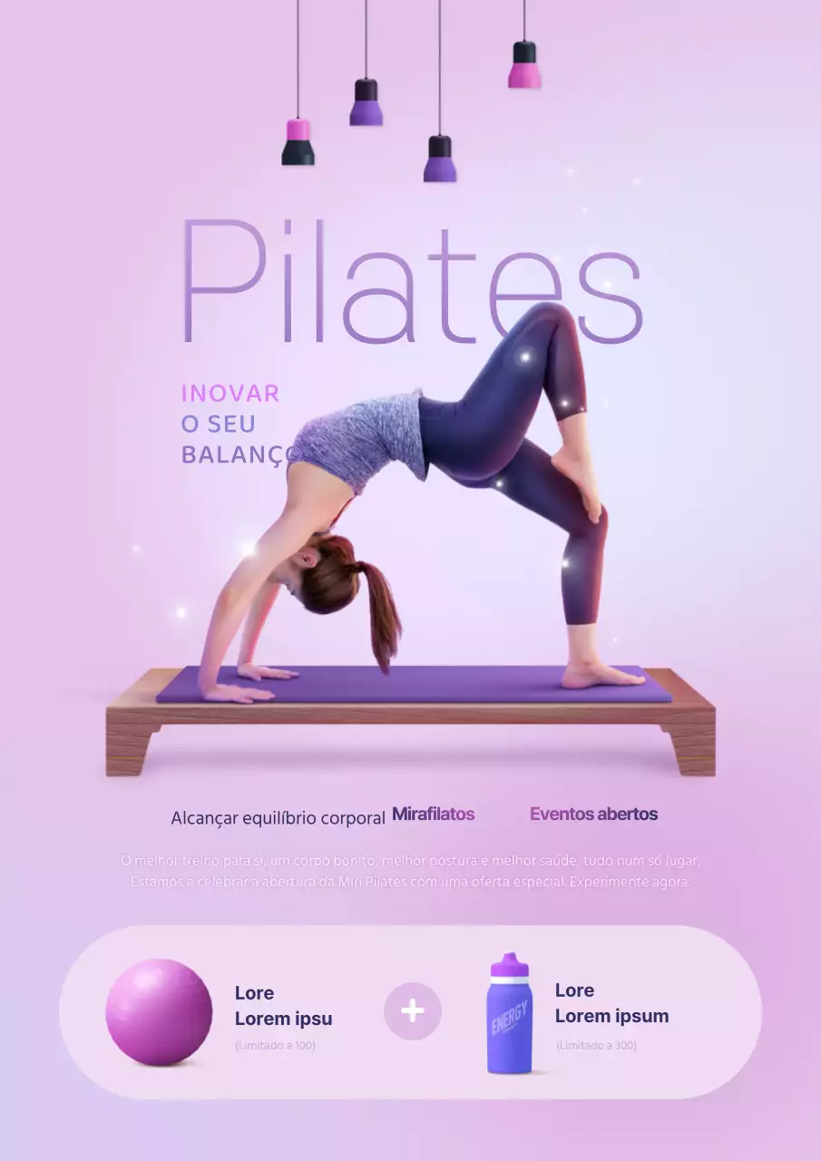Promova um evento de abertura de uma escola com uma fotografia sua a fazer Pilates de roxo.