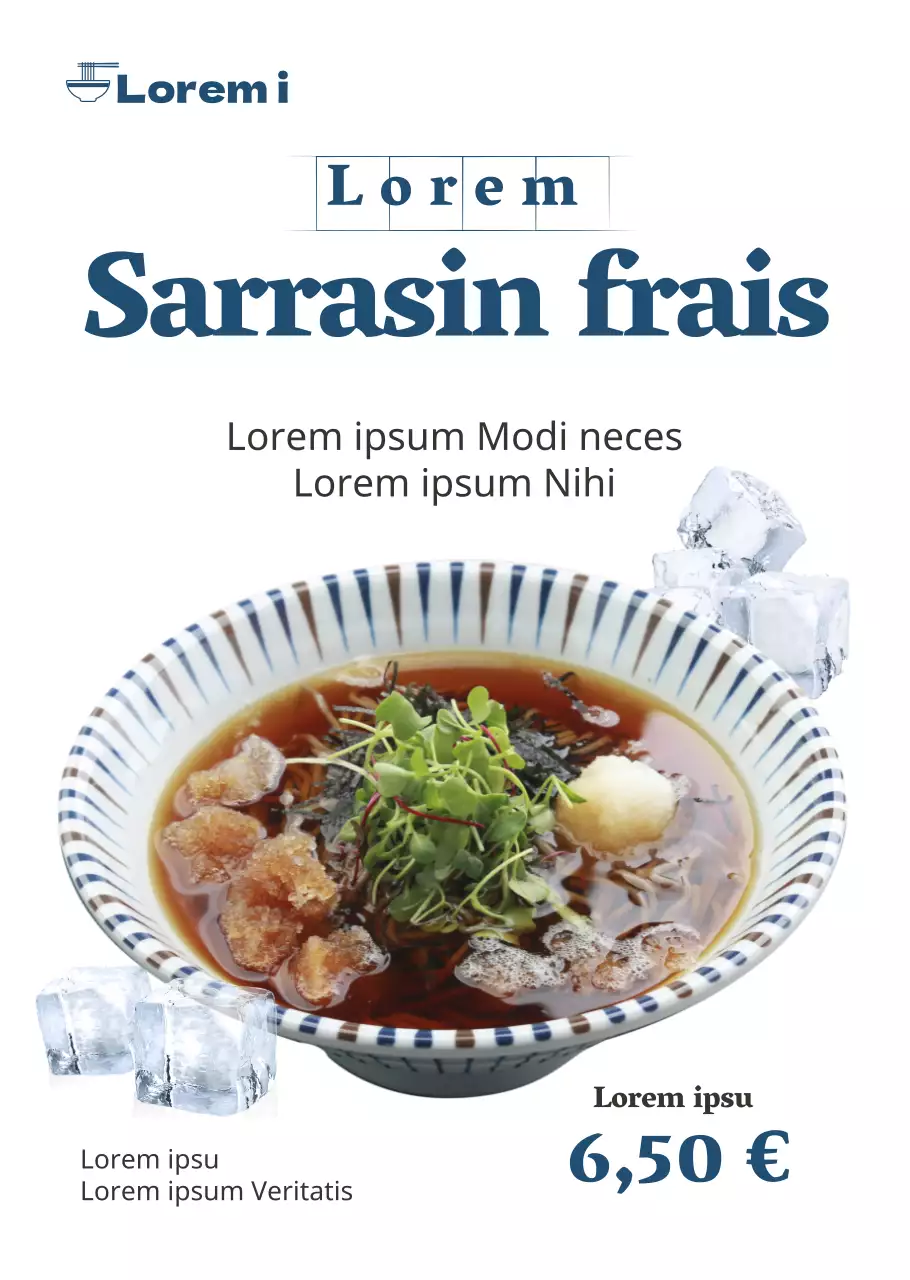 Affiche transparente d'un restaurant de soba froid, simple et bleu clair