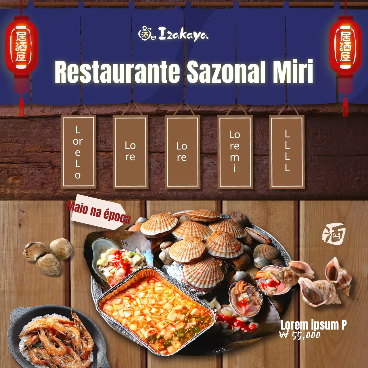 Um izakaya sazonal com um toque de izakaya japonês em azul-marinho e castanho Redes sociais