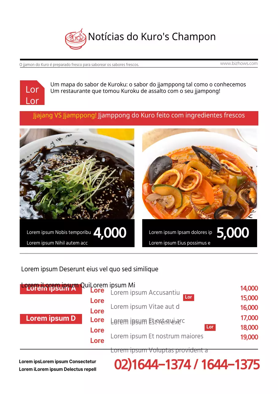 Menu de comida chinesa com um conceito de jornal vermelho e preto