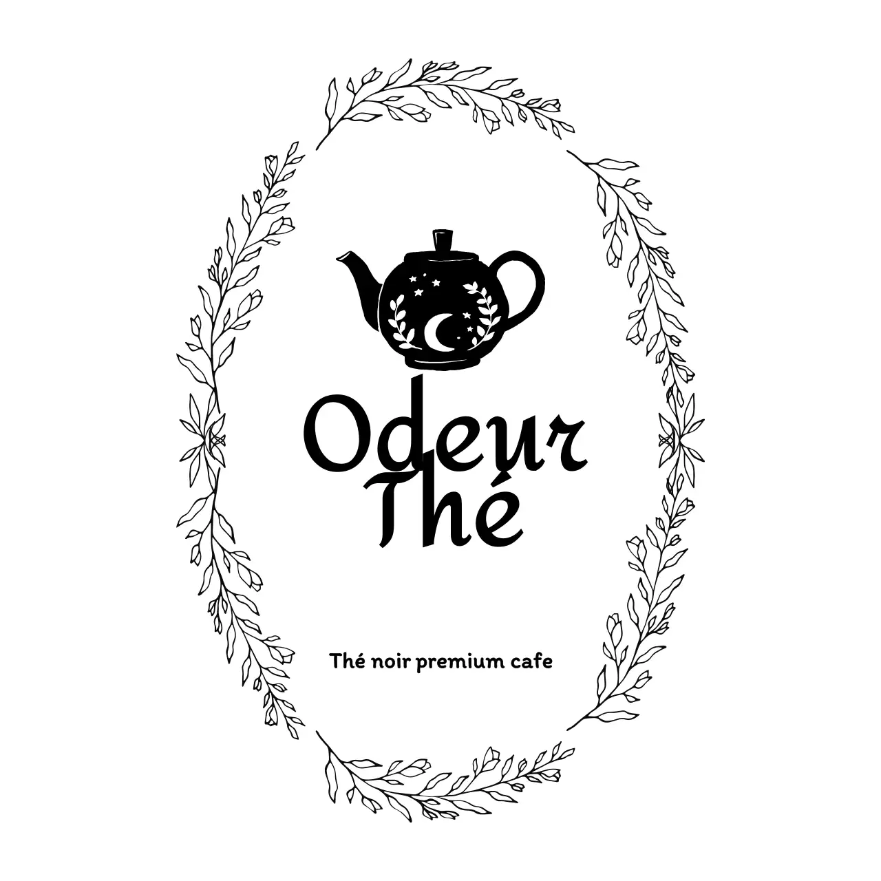 Logo d'un salon de thé avec illustration d'une théière en noir