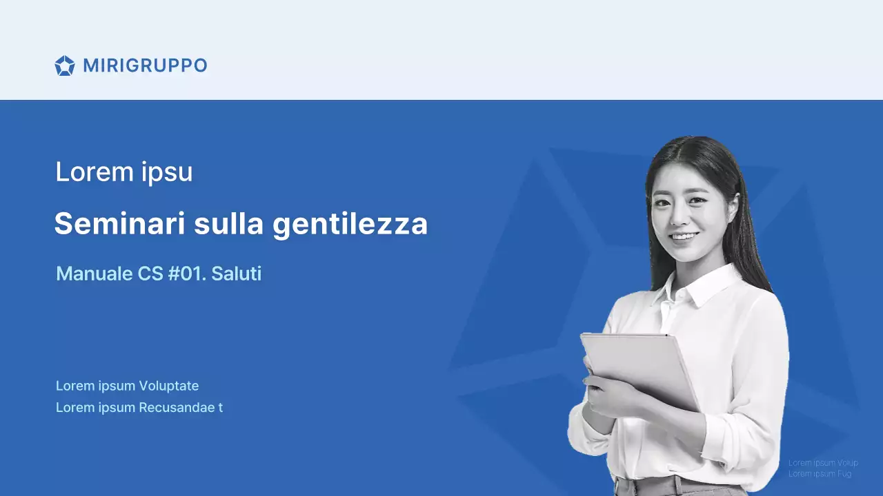 Seminario di formazione sulla gentilezza per il personale dei punti vendita del Gruppo Miri in blu e grigio Manuale di saluto