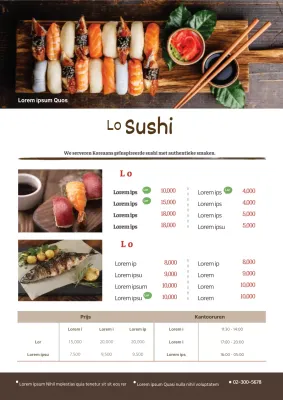 Eenvoudig sushirestaurantmenu met foto's van bruine sushi en openingstijden