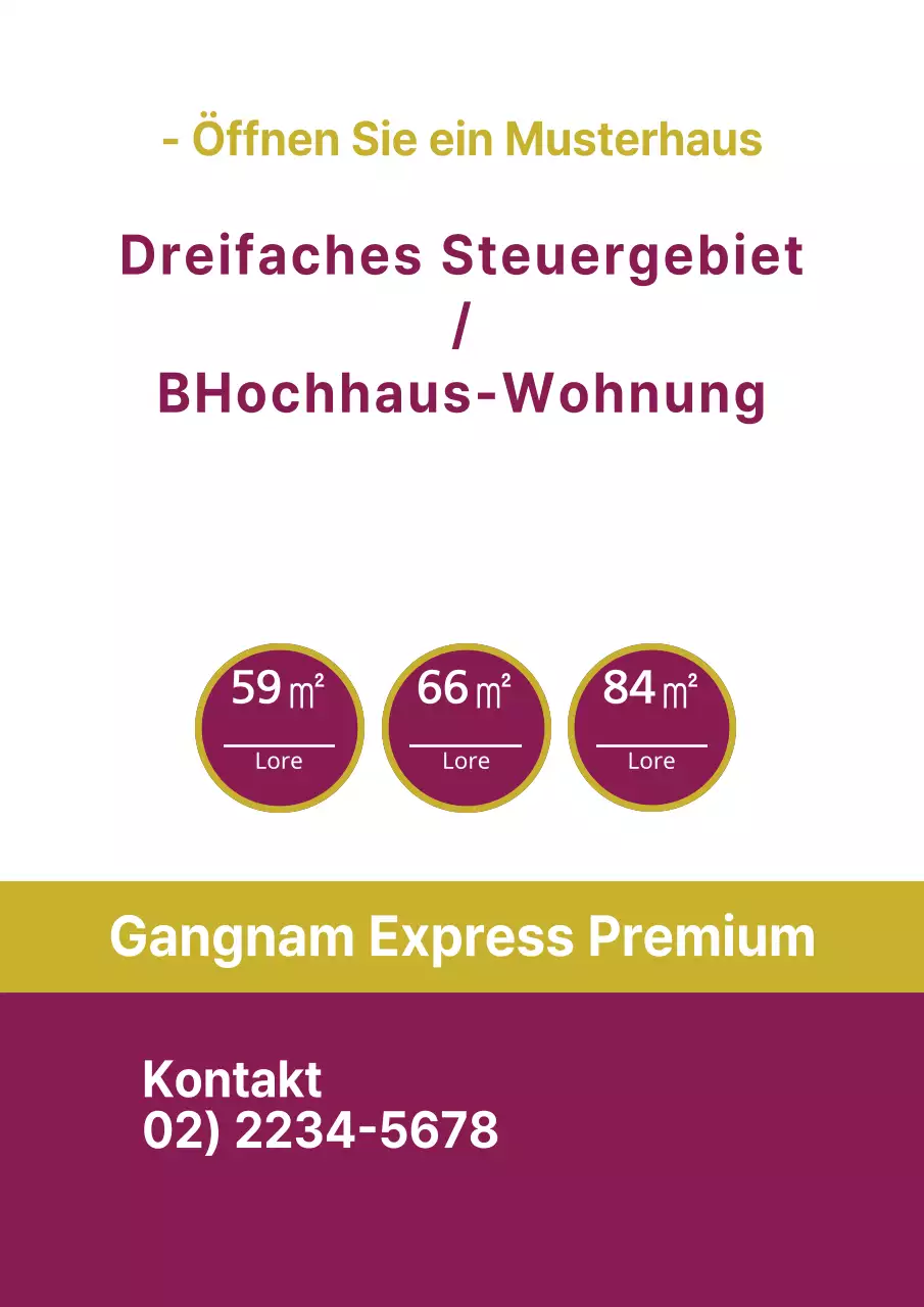 Einfacher Verkaufsflyer für Neubauten in Gold und Lila