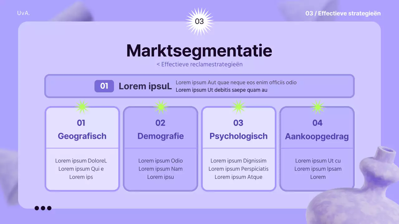 Gebruik 3D-elementen op een mauve achtergrond om een gevoel van ruimte te creëren om de reclamestrategie te informeren