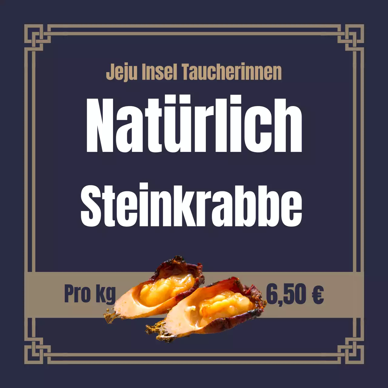 10.000 pro Kilo Wildsteinkrabbe mit koreanisch gemustertem Rand auf marineblauem Hintergrund