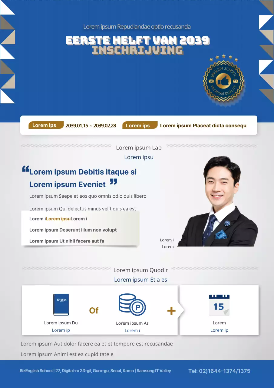 Een kleurrijke blauwe flyer voor een Engelse taalschool