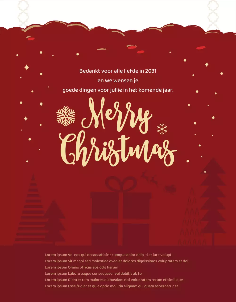 Kerstkoop één krijg één gratis evenement met rode achtergrond en boomdecoraties