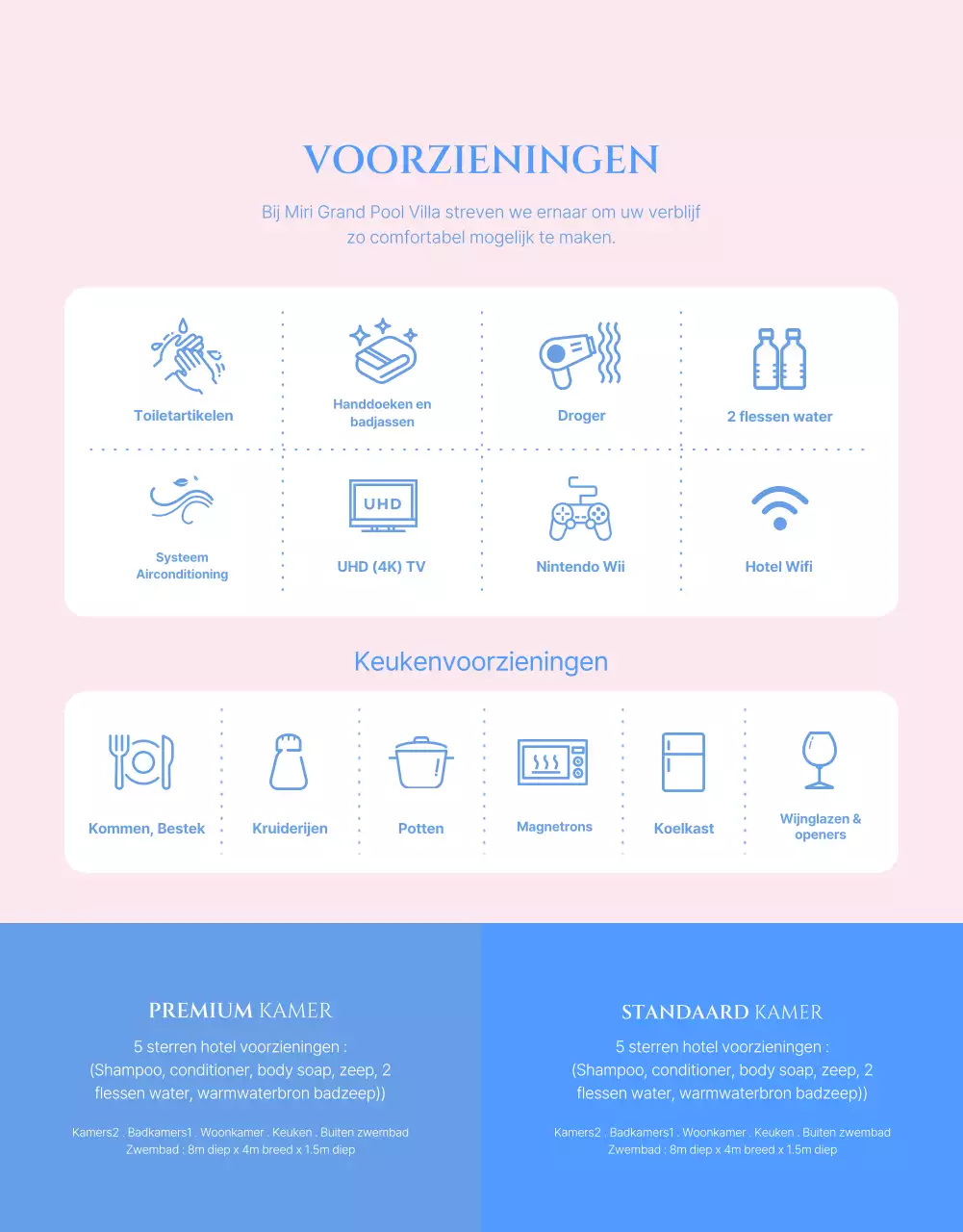 Hoe boek je een zwembadvilla met een contrasterend lichtroze en koelblauw kleurenschema