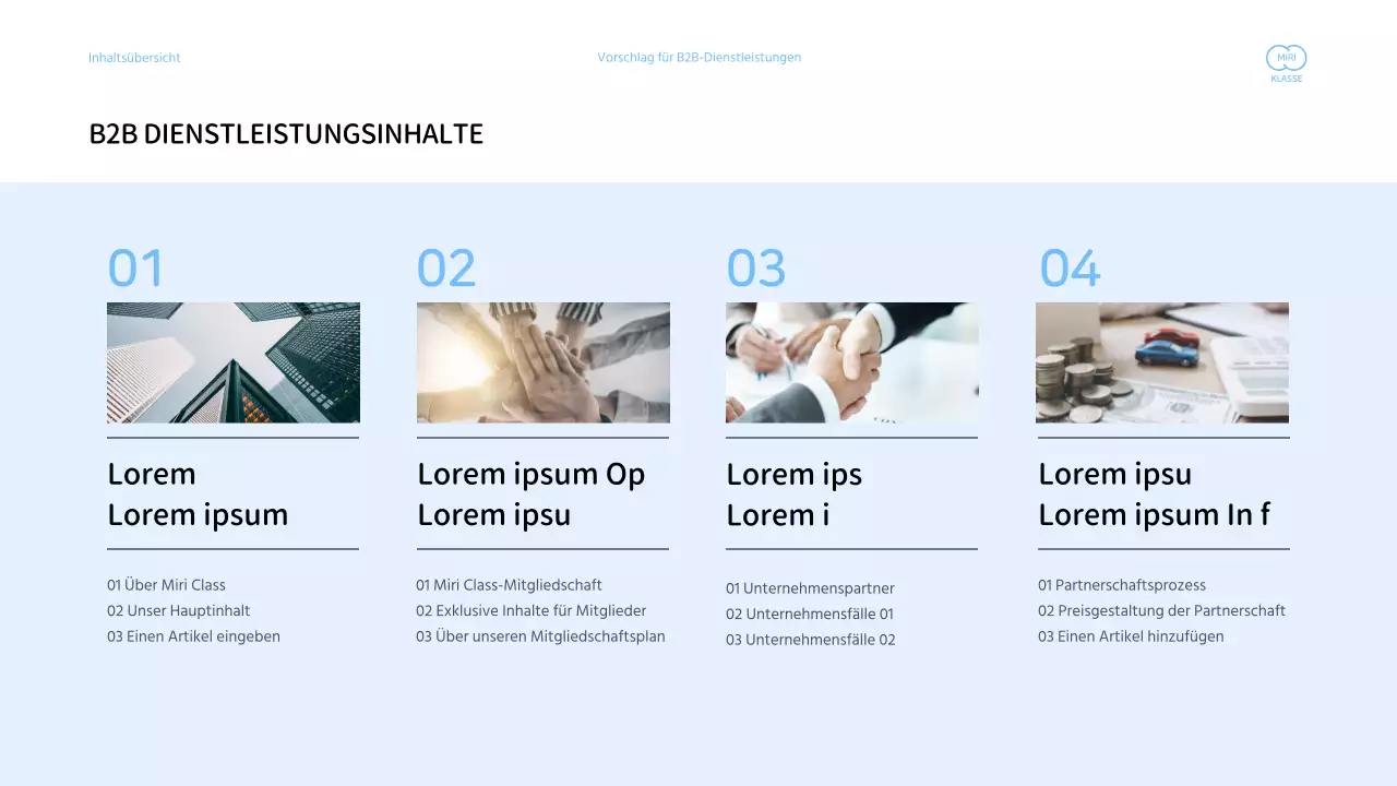 Präsentation eines Angebots für Unternehmensdienstleistungen mit hellblauem Farbschema