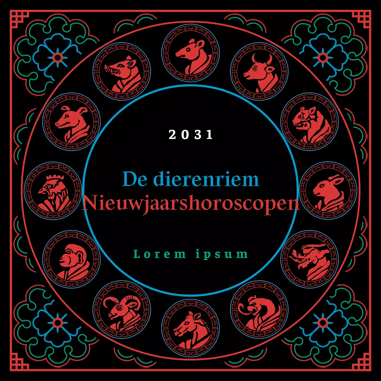 Een zwart en vijfhoekig sjamanistisch concept van de dierenriemhoroscoop voor het nieuwe jaar