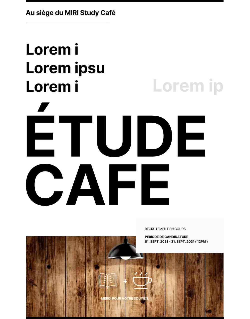 Conception simple en noir et blanc d'une offre d'emploi dans un café d'étude