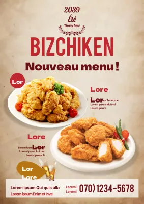 Promotion d'un nouveau menu dans un karaage sur fond brun et rouge vintage