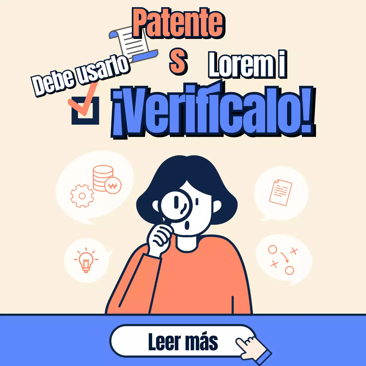 Tarjeta informativa de solicitud de patente en beige, azul y naranja Noticias