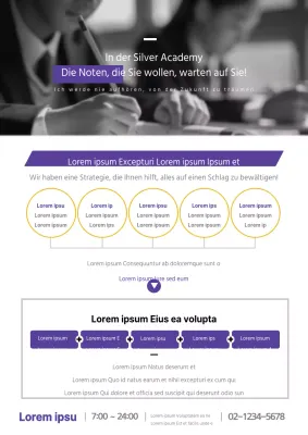 Nette Schulwerbung mit Schwarz-Weiß-Fotos von Schülern, die in Lila lernen