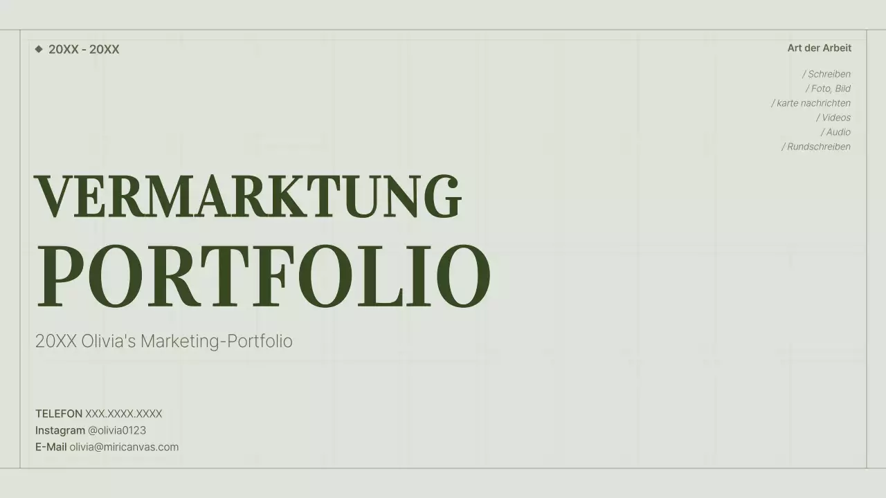 Portfolio eines Content-Vermarkters mit grünem, einfachem Gitterkonzept