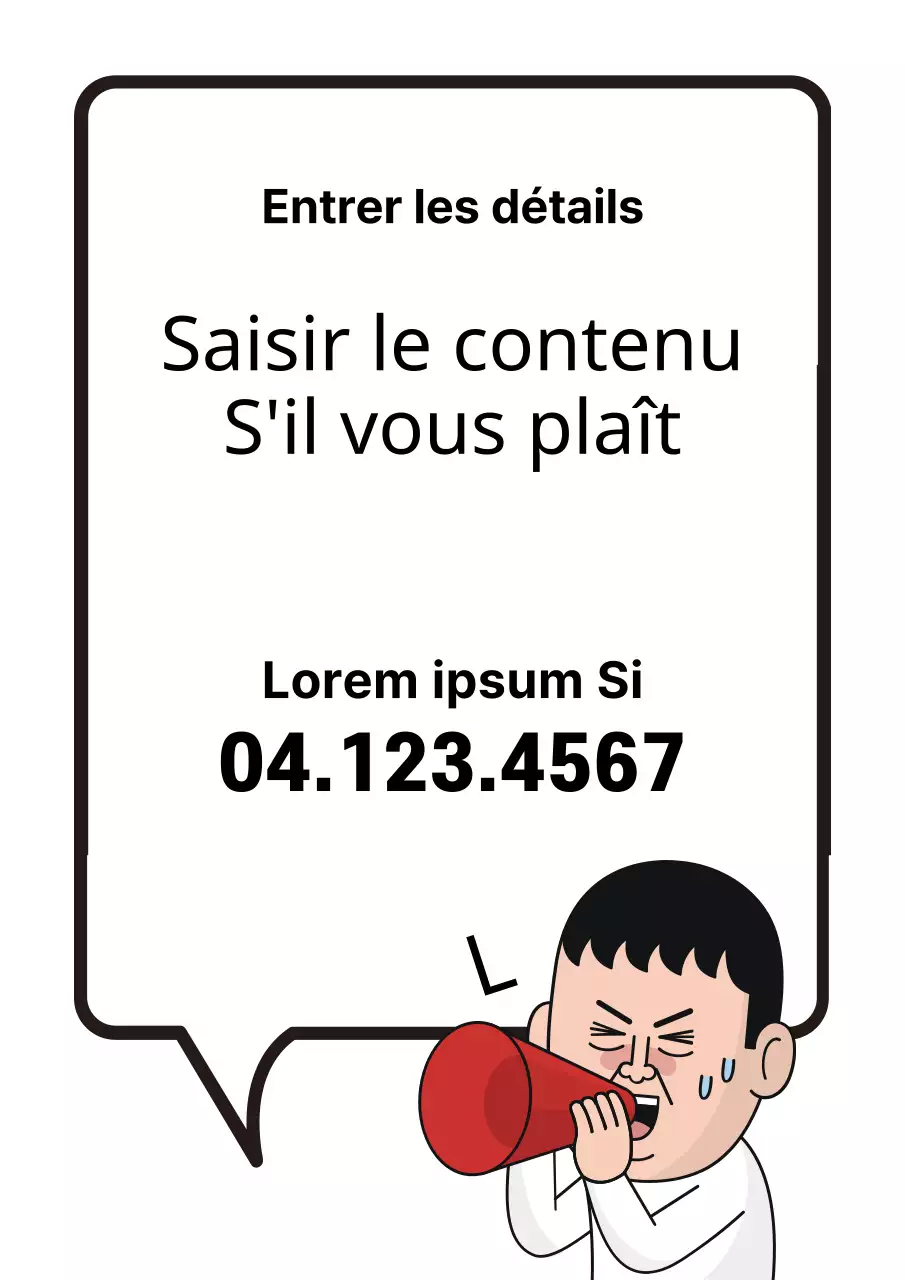 Flyer d'annonce avec bulles de discours noires et rouges et huissier, illustration de ligne