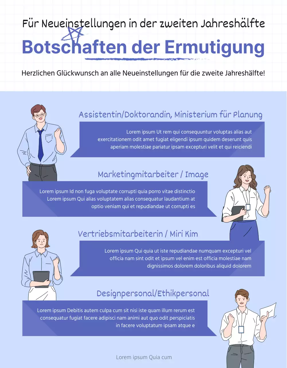 Eine übersichtliche, blau gefärbte Detailseite für neue Mitarbeiter