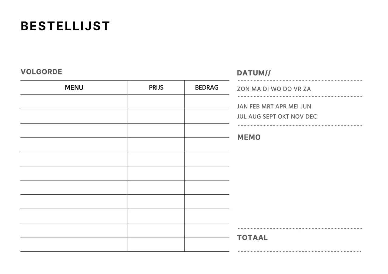 Eenvoudig conceptbestelformulier in wit en zwart