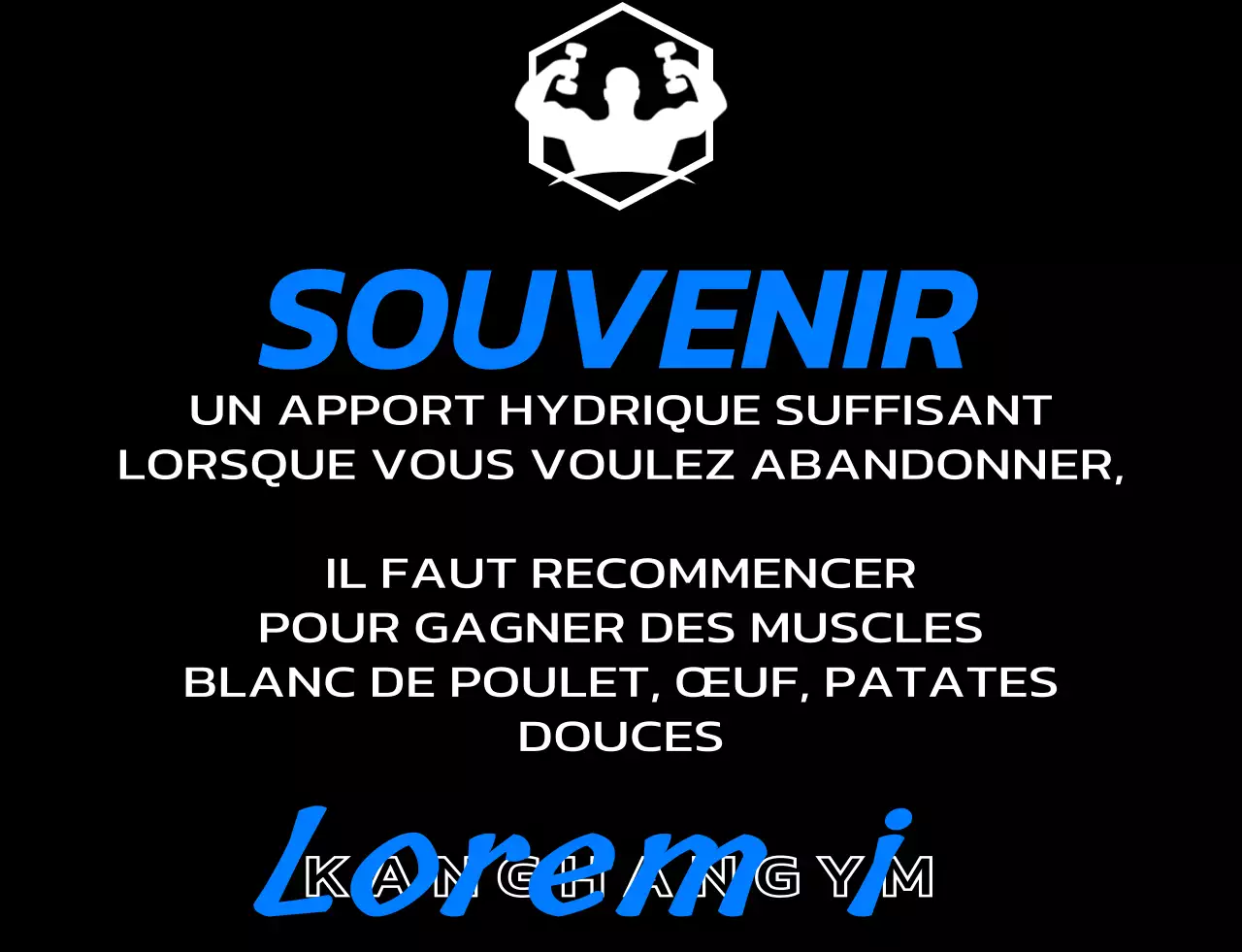 Un design réservé aux membres d'une salle de sport avec un logo noir et bleu et un texte relatif à l'entraînement.