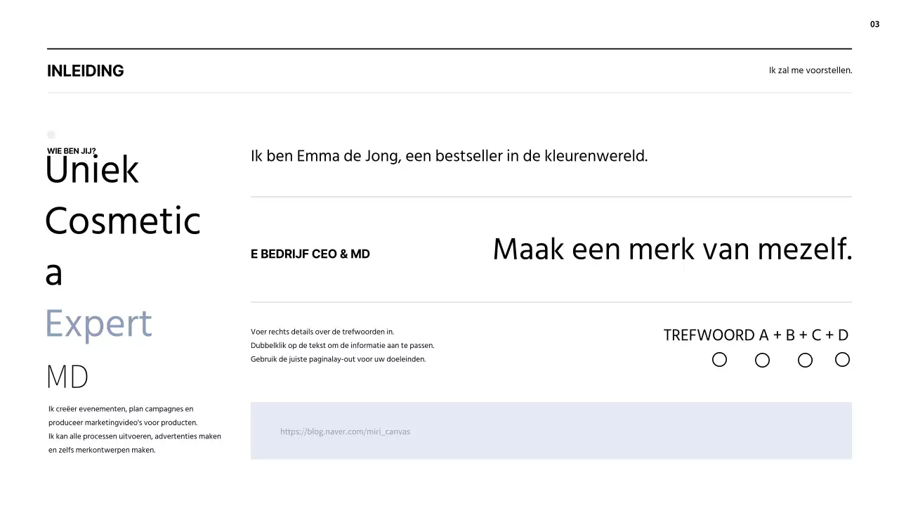 Eenvoudige cosmetica MD portfolio in lichtblauw en zwart