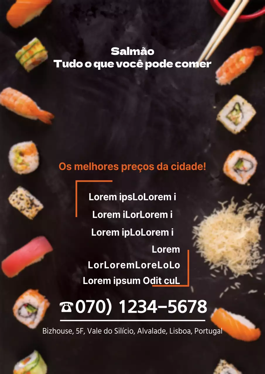 Lista de preços por hora com imagens de sushi branco e laranja