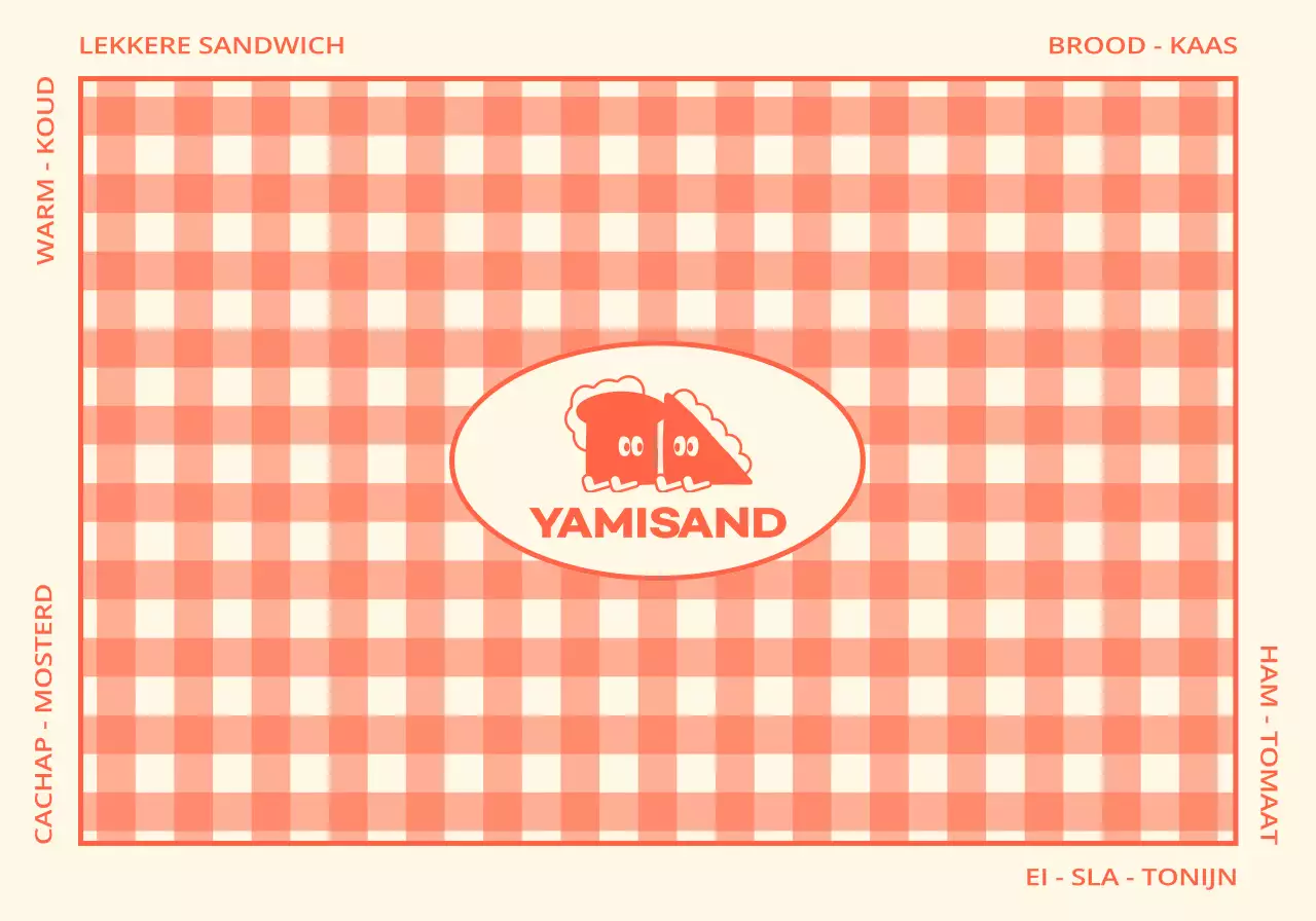 Broodjeszaak merchandise met een rood en geel ruitpatroon en een uitklapbare zak met een schattig figuurtje.