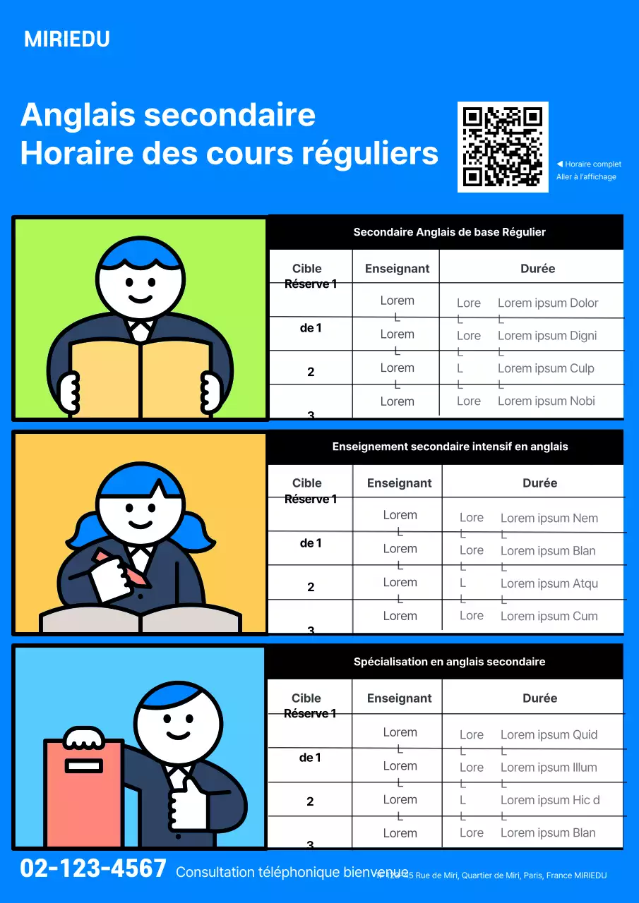 Illustration mignonne d'un emploi du temps scolaire dans des tons bleus clairs et vifs