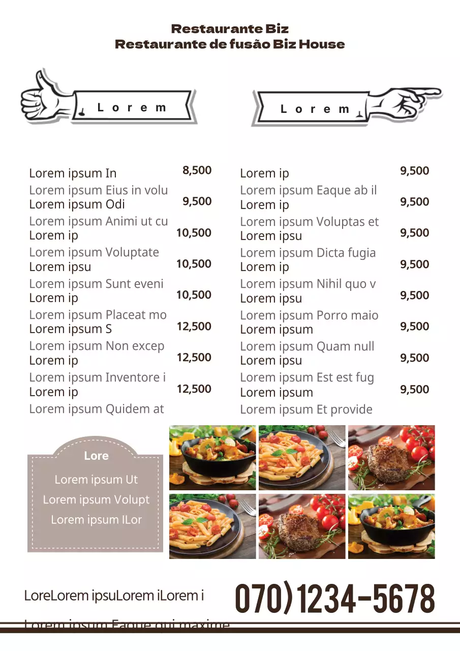 Menu de restaurante com fotografias de comida a preto e menus separados de almoço e jantar