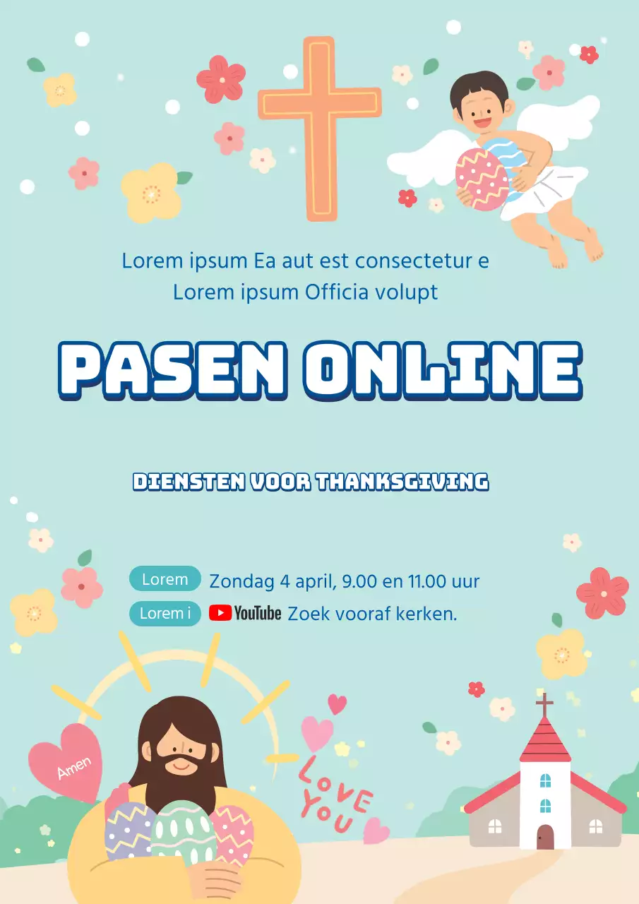 Blauwe illustratie schattige kerk Pasen online dienstaankondiging