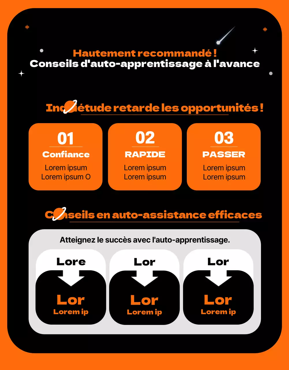 Un concept d'espace extra-atmosphérique avec des accents d'orange introduisant une école de transfert unique et amusante.