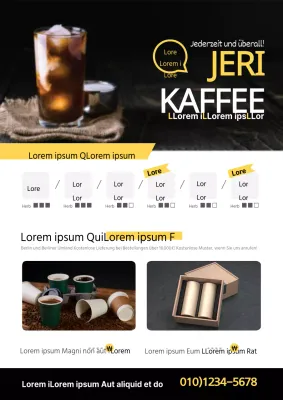 Flyer für Filterkaffee mit Beschreibungen der gelben Kaffeesorten und Fotos von Kaffee