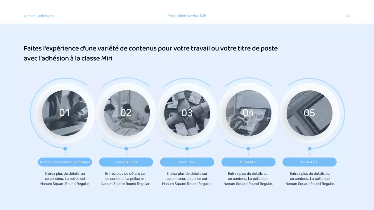 Présentation d'une proposition de services commerciaux avec une palette de couleurs bleu clair