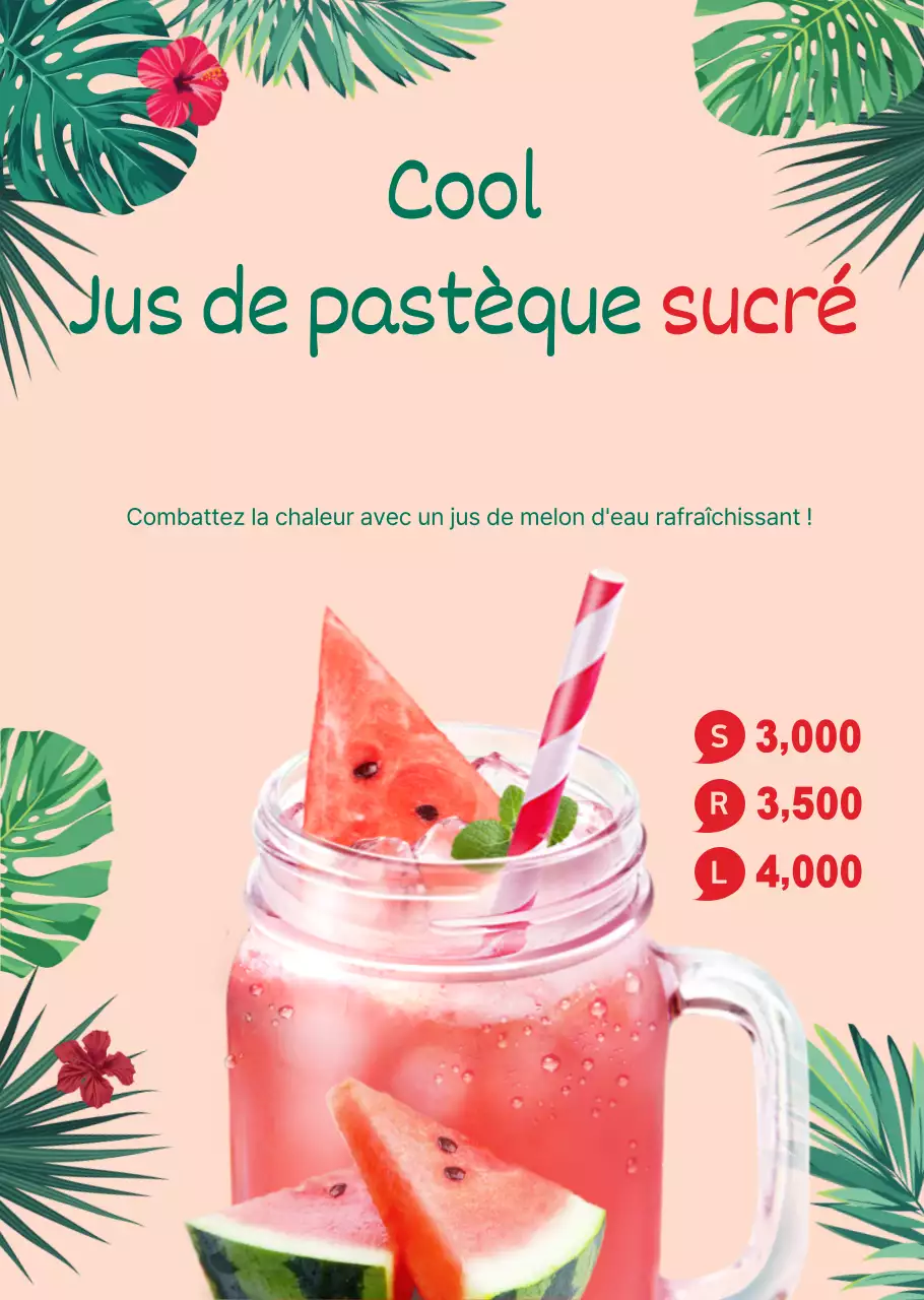 Affiche transparente pour une boisson estivale fraîche, le jus de pastèque, dans un café.